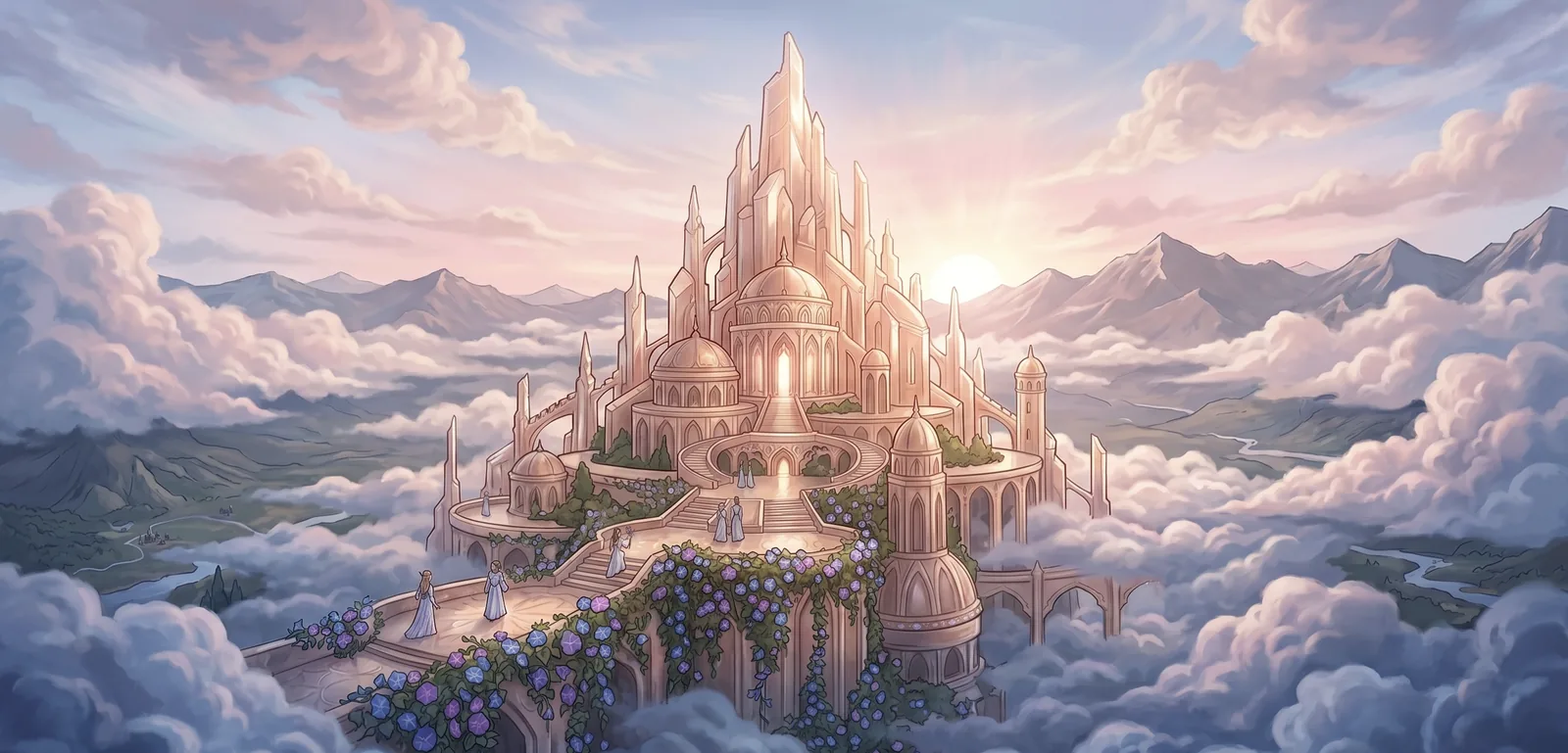 A gleaming, multi-tiered sunstone palace rising through the clouds, draped with morning glories and bathed in pale dawn light.